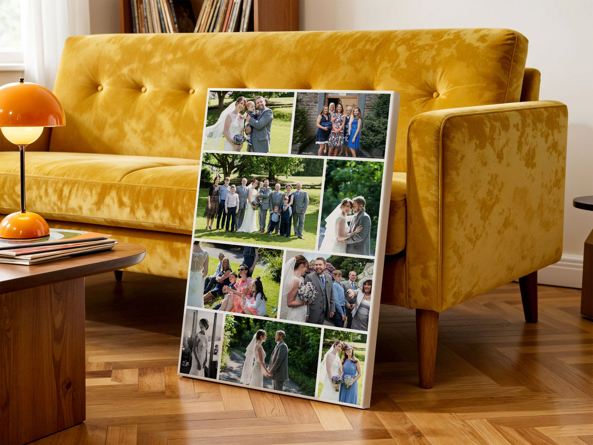 Portrait shaped canvas collage featuring wedding photos in 50x75cm canvas. 