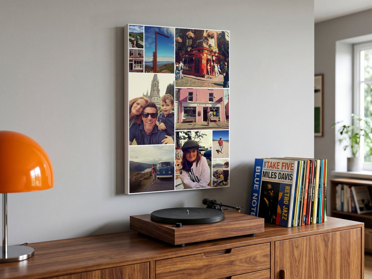 Bespoke Collage Portait shape hanging on wall over sideboard. 