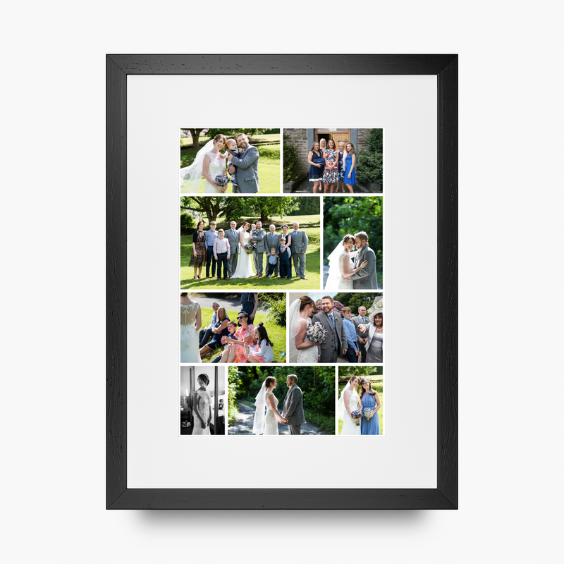 A portrait framed collage print of 9 wedding photos arranged vertically in a black contemporary frame. 