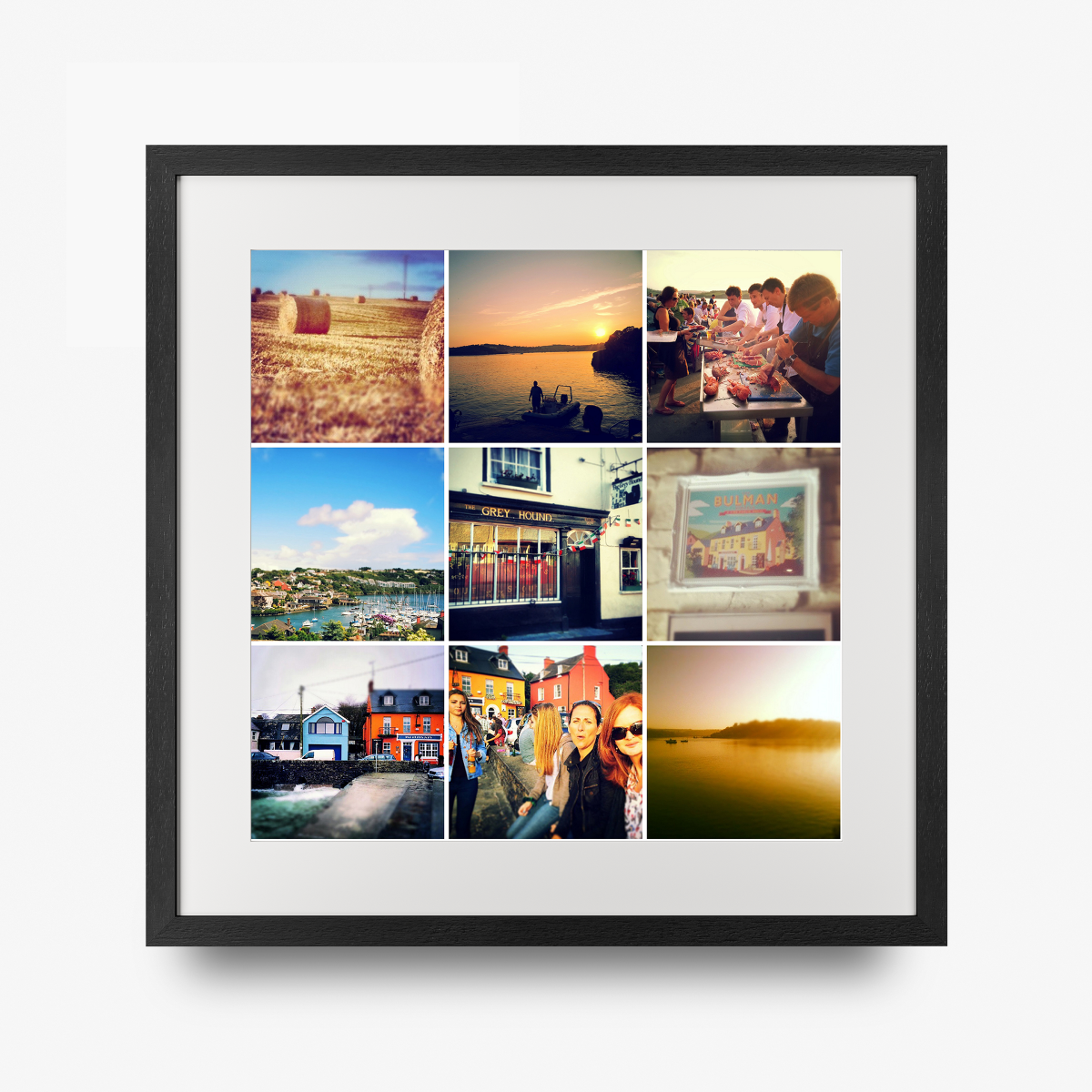 A framed square collage print featuring nine small travel and lifestyle photographs arranged in a grid, set in a white mat and a black frame against a light gray background.