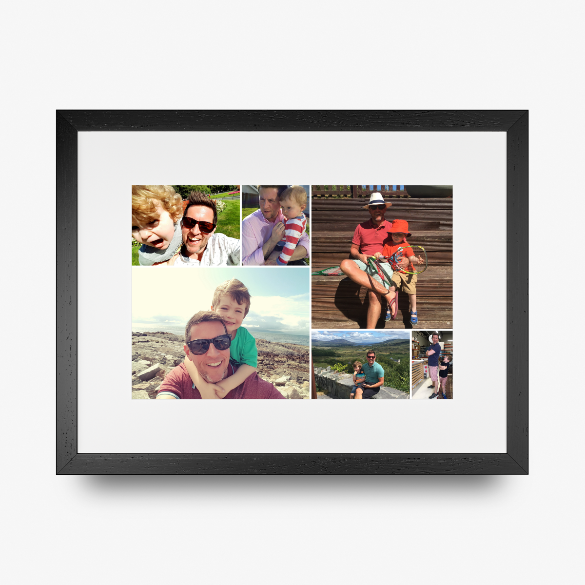 A framed custom photo collage print featuring six family and outdoor photographs arranged in a grid, set within a white mat and a black frame against a light gray background.